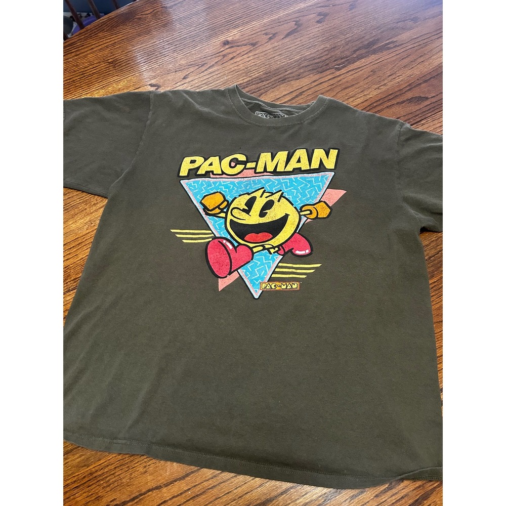 Pac-Man‎ Graphic T-Shirt Mens Large Olive Green Retro Bandai Namco 100% Cotton